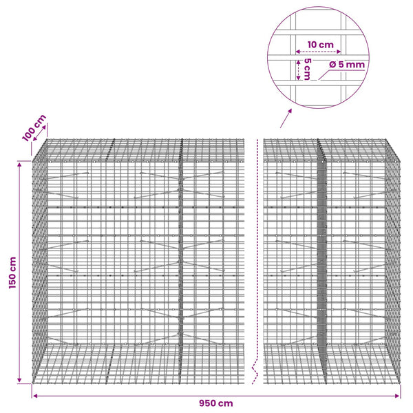 Gabion 5 mm langasta ja 5x10 cm verkosta 950x100x150 cm