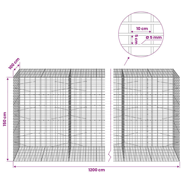 Gabion 5 mm langasta ja 5x10 cm verkosta 1200x100x150 cm