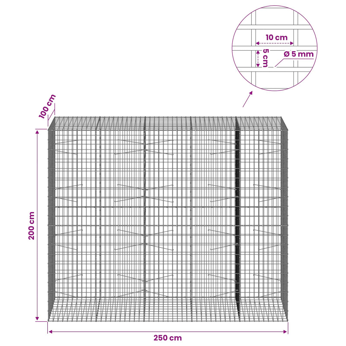 Gabion 5 mm langasta ja 5x10 cm verkosta 250x100x200 cm