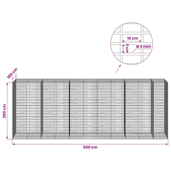 Gabion 5 mm langasta ja 5x10 cm verkosta 550x100x200 cm