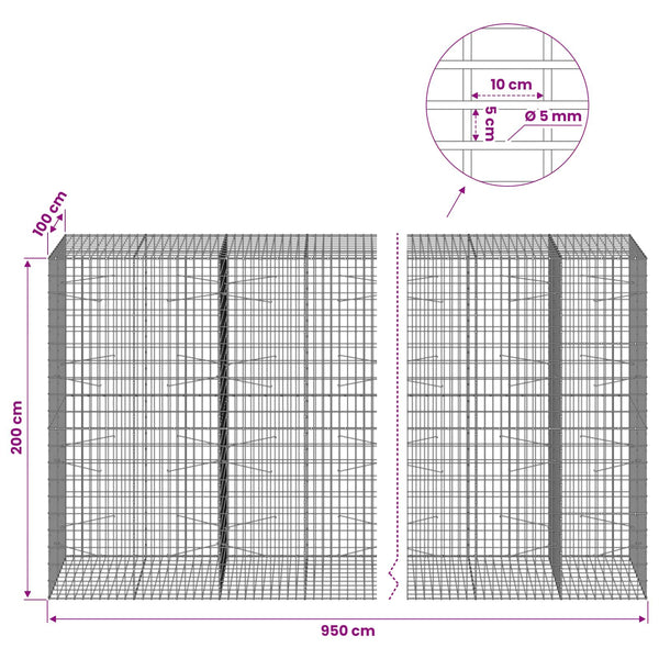 Gabion 5 mm langasta ja 5x10 cm verkosta 950x100x200 cm