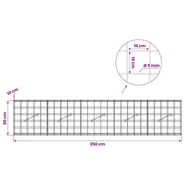 Gabion 5 mm langasta ja 10x10 cm verkosta 250x10x50 cm