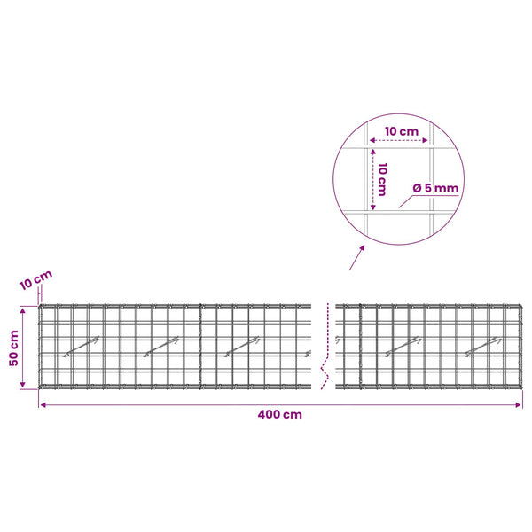 Gabion 5 mm langasta ja 10x10 cm verkosta 400x10x50 cm