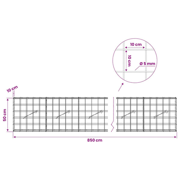Gabion 5 mm langasta ja 10x10 cm verkosta 850x10x50 cm