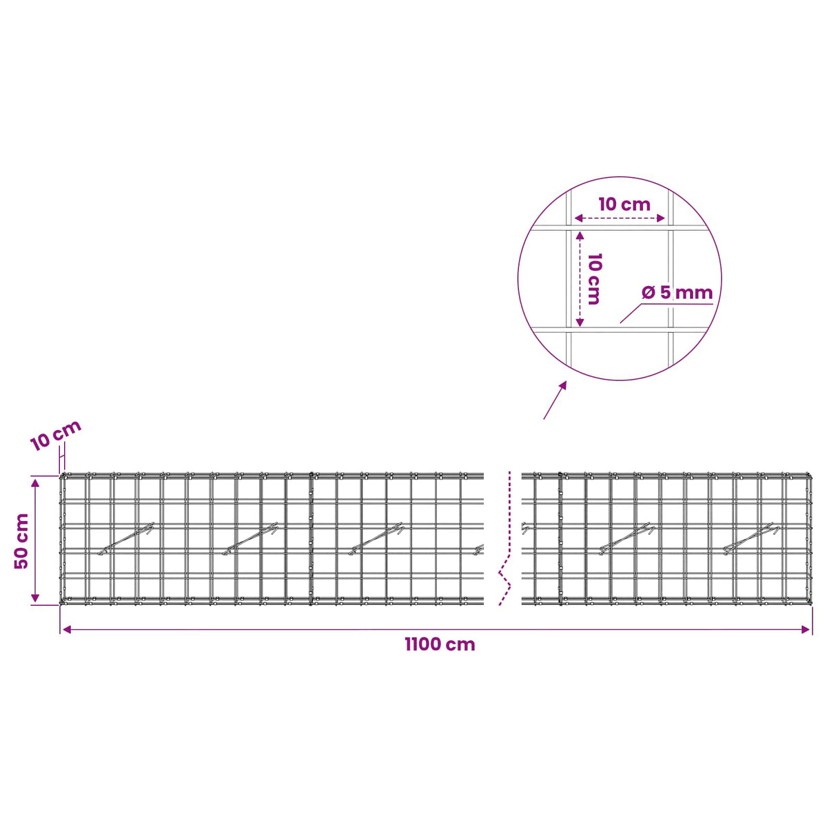 Gabion 5 mm langasta ja 10x10 cm verkosta 1100x10x50 cm