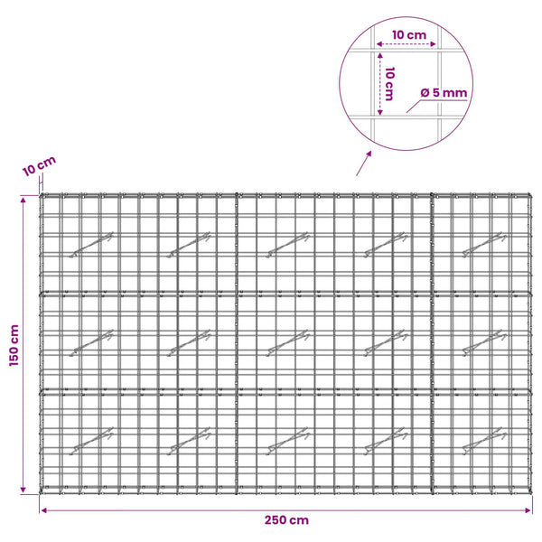 Gabion 5 mm langasta ja 10x10 cm verkosta 250x10x150 cm