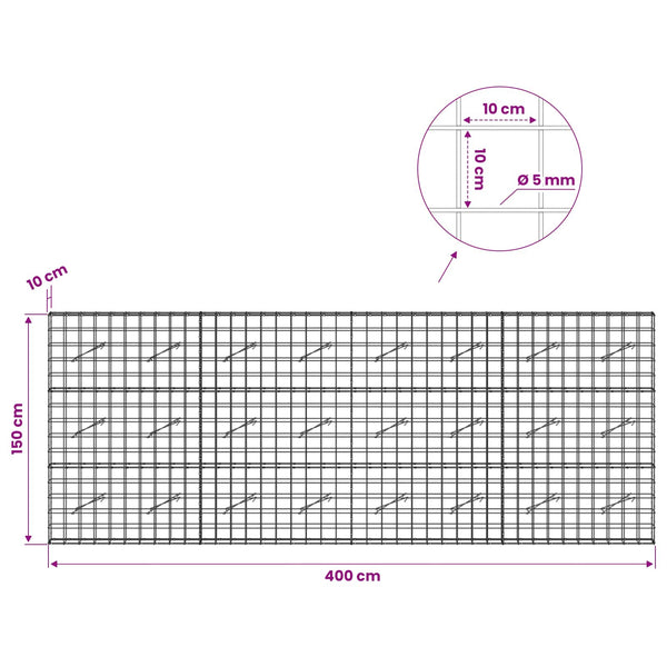 Gabion 5 mm langasta ja 10x10 cm verkosta 400x10x150 cm