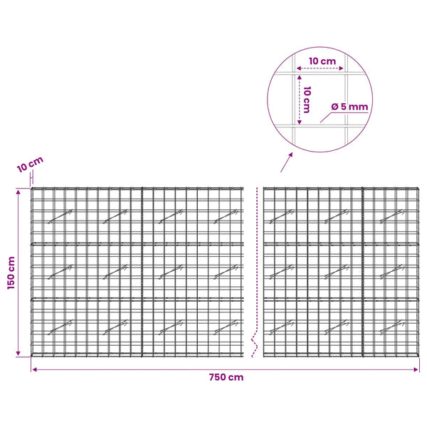 Gabion 5 mm langasta ja 10x10 cm verkosta 750x10x150 cm