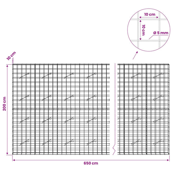 Gabion 5 mm langasta ja 10x10 cm verkosta 650x10x200 cm