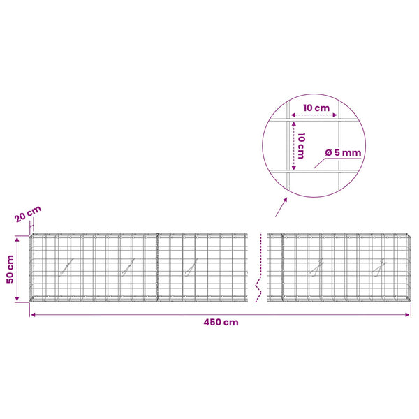 Gabion 5 mm langasta ja 10x10 cm verkosta 450x20x50 cm