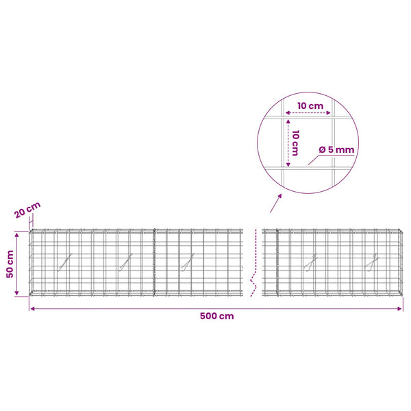 Gabion 5 mm langasta ja 10x10 cm verkosta 500x20x50 cm