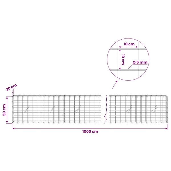 Gabion 5 mm langasta ja 10x10 cm verkosta 1000x20x50 cm