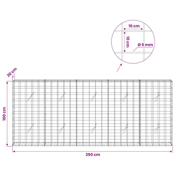Gabion 5 mm langasta ja 10x10 cm verkosta 250x20x100 cm