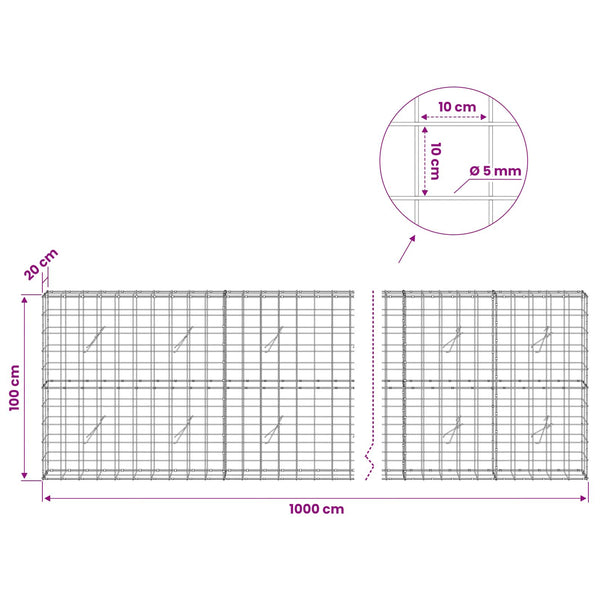 Gabion 5 mm langasta ja 10x10 cm verkosta 1000x20x100 cm