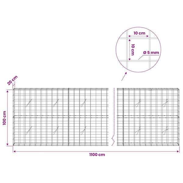 Gabion 5 mm langasta ja 10x10 cm verkosta 1100x20x100 cm