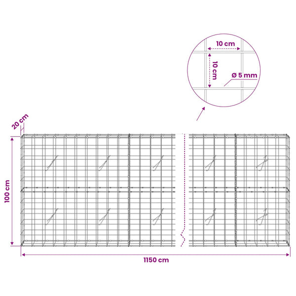 Gabion 5 mm langasta ja 10x10 cm verkosta 1150x20x100 cm