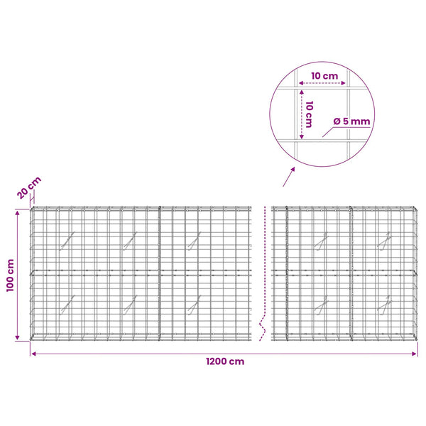 Gabion 5 mm langasta ja 10x10 cm verkosta 1200x20x100 cm