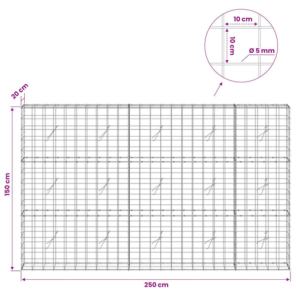 Gabion 5 mm langasta ja 10x10 cm verkosta 250x20x150 cm