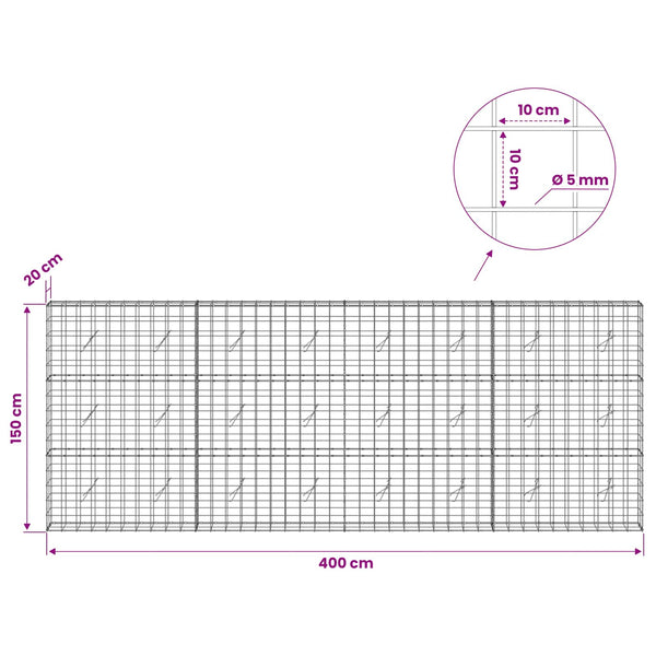 Gabion 5 mm langasta ja 10x10 cm verkosta 400x20x150 cm