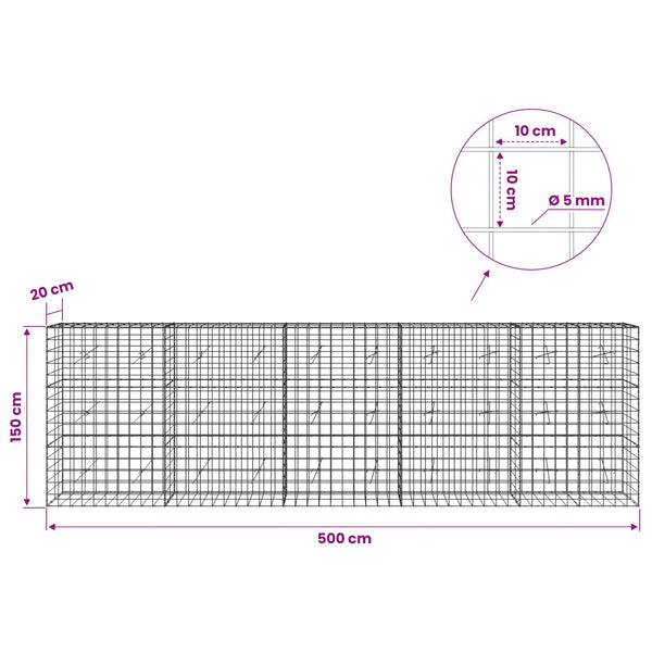 Gabion 5 mm langasta ja 10x10 cm verkosta 500x20x150 cm