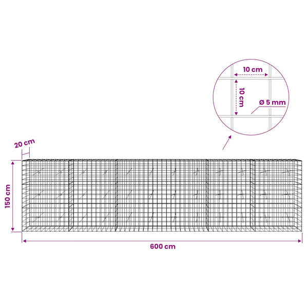 Gabion 5 mm langasta ja 10x10 cm verkosta 600x20x150 cm