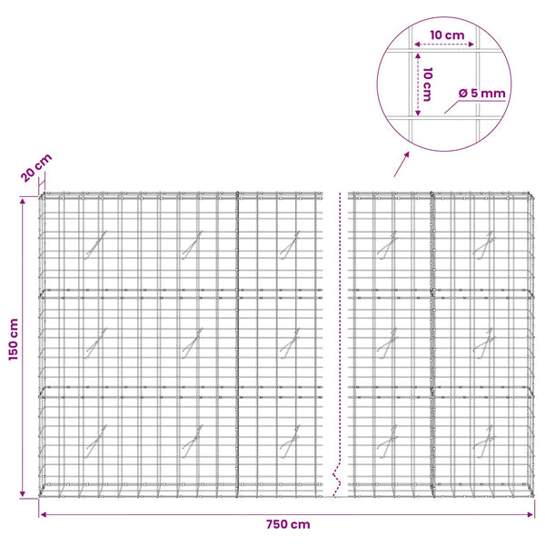 Gabion 5 mm langasta ja 10x10 cm verkosta 750x20x150 cm