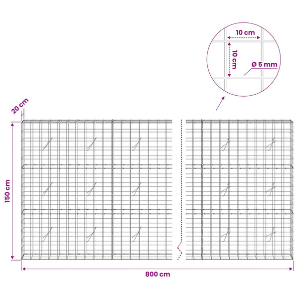Gabion 5 mm langasta ja 10x10 cm verkosta 800x20x150 cm