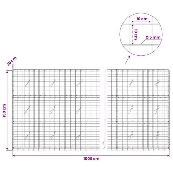 Gabion 5 mm langasta ja 10x10 cm verkosta 1000x20x150 cm