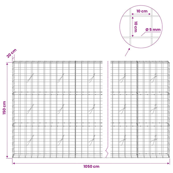 Gabion 5 mm langasta ja 10x10 cm verkosta 1050x20x150 cm