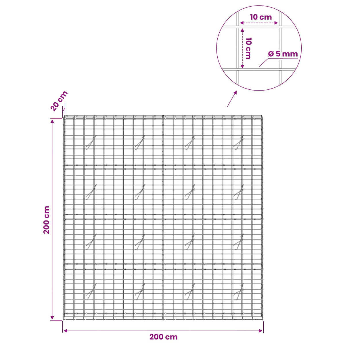 Gabion 5 mm langasta ja 10x10 cm verkosta 200x20x200 cm