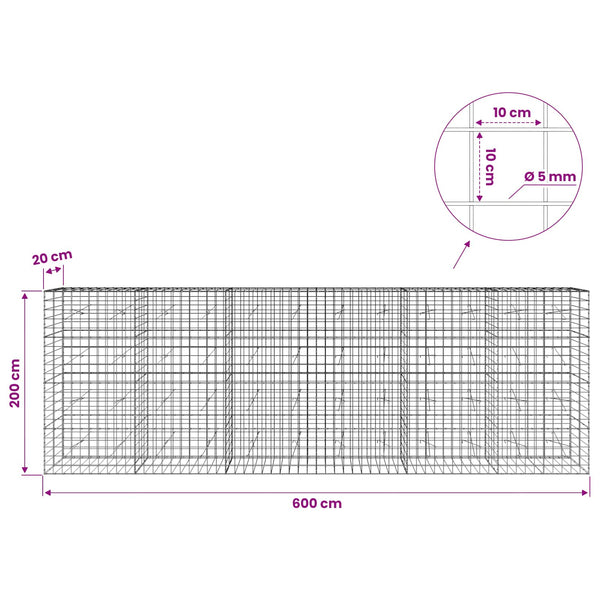 Gabion 5 mm langasta ja 10x10 cm verkosta 600x20x200 cm