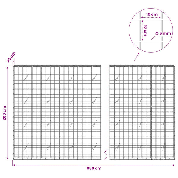 Gabion 5 mm langasta ja 10x10 cm verkosta 950x20x200 cm