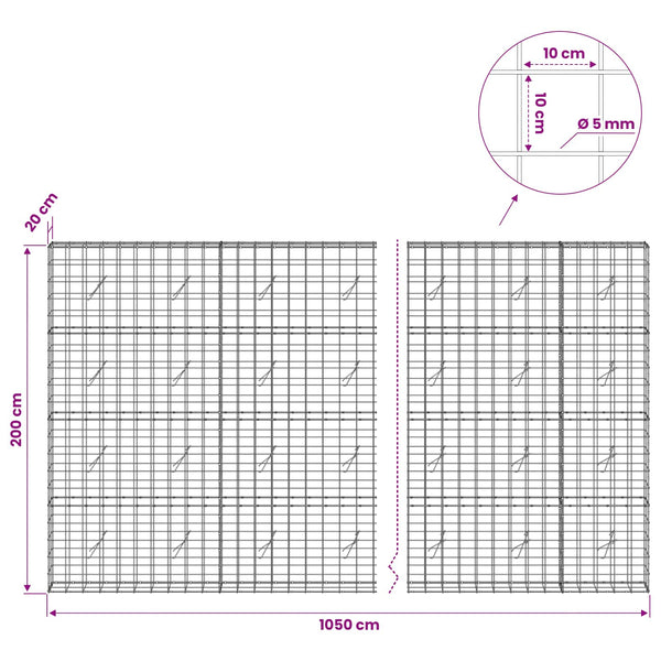Gabion 5 mm langasta ja 10x10 cm verkosta 1050x20x200 cm