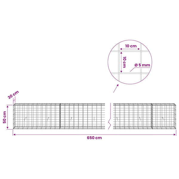 Gabion 5 mm langasta ja 10x10 cm verkosta 650x30x50 cm