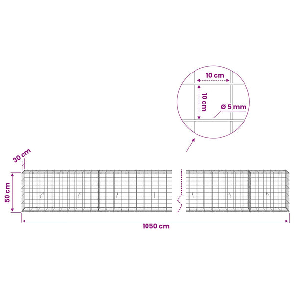 Gabion 5 mm langasta ja 10x10 cm verkosta 1050x30x50 cm