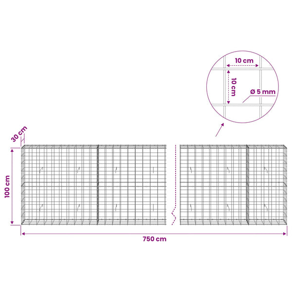 Gabion 5 mm langasta ja 10x10 cm verkosta 750x30x100 cm