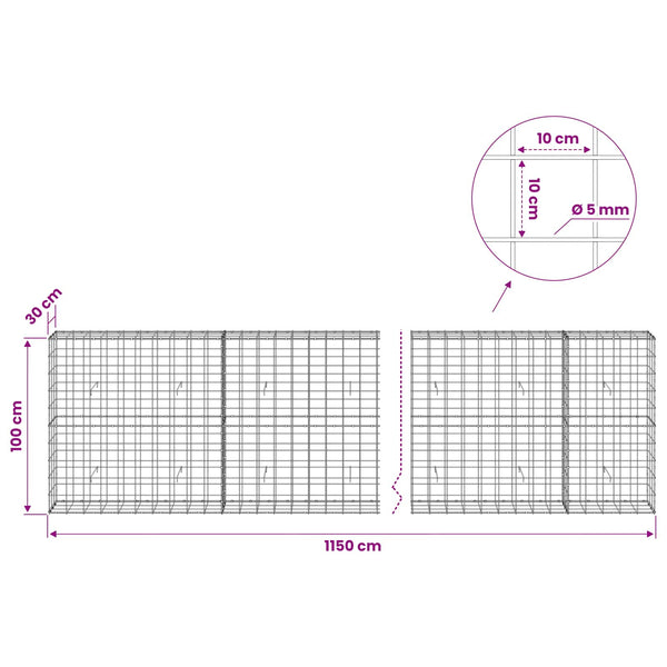 Gabion 5 mm langasta ja 10x10 cm verkosta 1150x30x100 cm