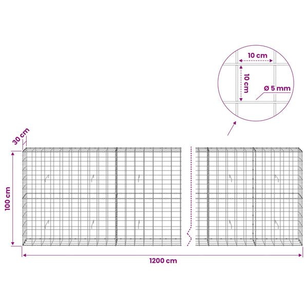Gabion 5 mm langasta ja 10x10 cm verkosta 1200x30x100 cm