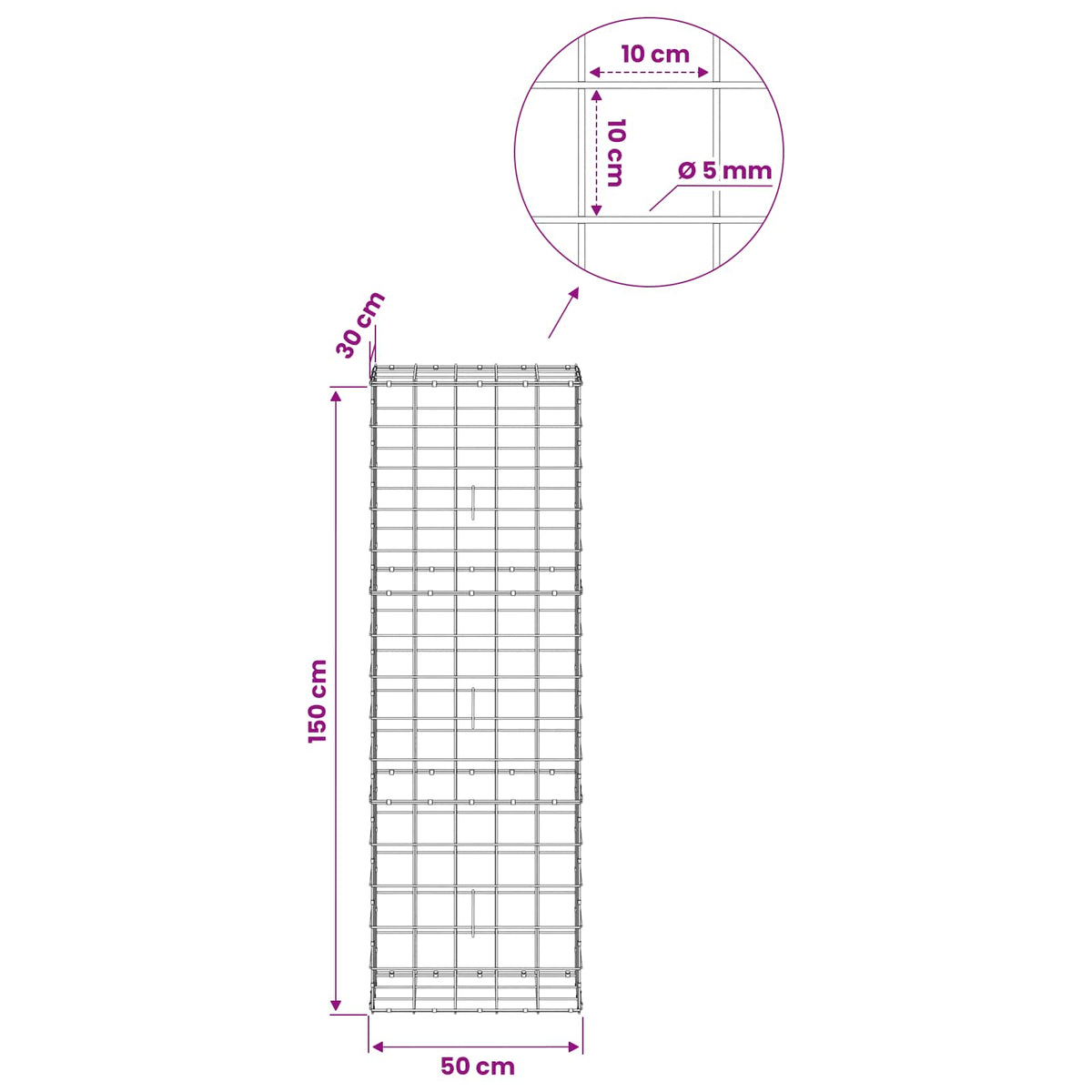 Gabion 5 mm langasta ja 10x10 cm verkosta 50x30x150 cm