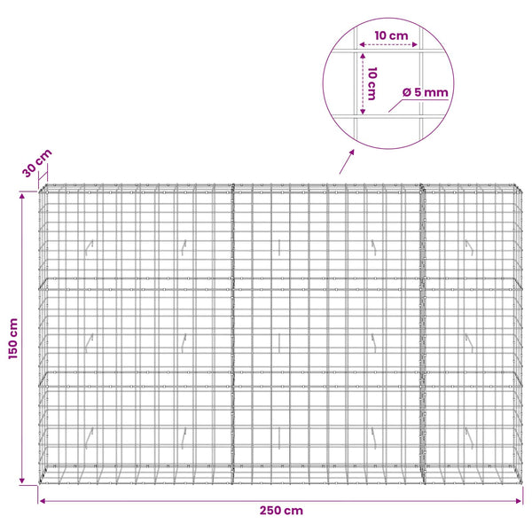 Gabion 5 mm langasta ja 10x10 cm verkosta 250x30x150 cm