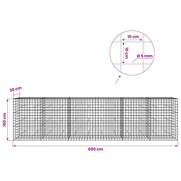 Gabion 5 mm langasta ja 10x10 cm verkosta 600x30x150 cm