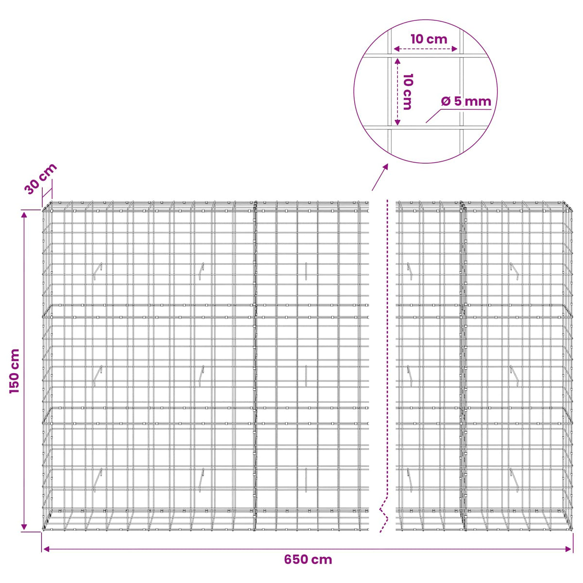 Gabion 5 mm langasta ja 10x10 cm verkosta 650x30x150 cm