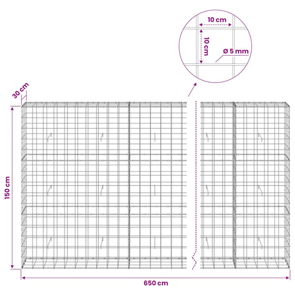 Gabion 5 mm langasta ja 10x10 cm verkosta 650x30x150 cm