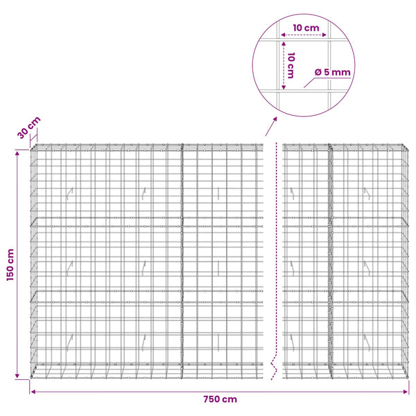 Gabion 5 mm langasta ja 10x10 cm verkosta 750x30x150 cm
