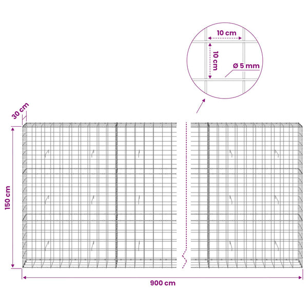 Gabion 5 mm langasta ja 10x10 cm verkosta 900x30x150 cm