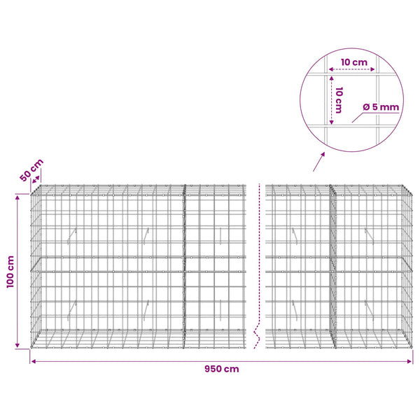 Gabion 5 mm langasta ja 10x10 cm verkosta 950x50x100 cm