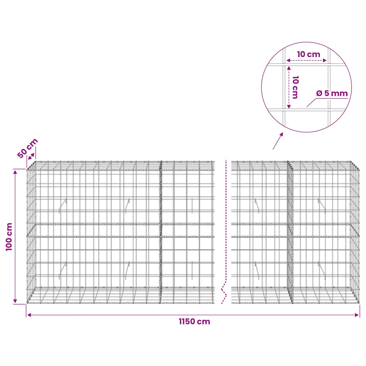 Gabion 5 mm langasta ja 10x10 cm verkosta 1150x50x100 cm