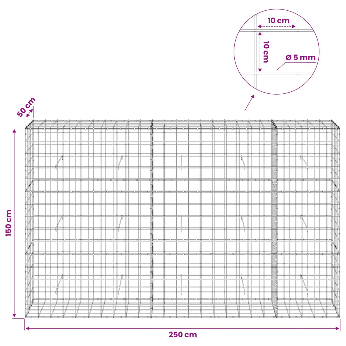 Gabion 5 mm langasta ja 10x10 cm verkosta 250x50x150 cm