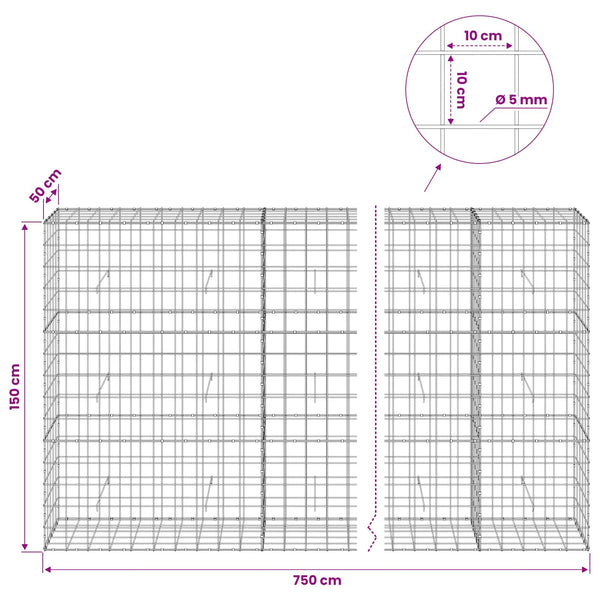 Gabion 5 mm langasta ja 10x10 cm verkosta 750x50x150 cm