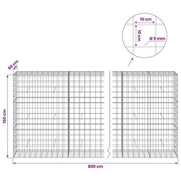 Gabion 5 mm langasta ja 10x10 cm verkosta 800x50x150 cm
